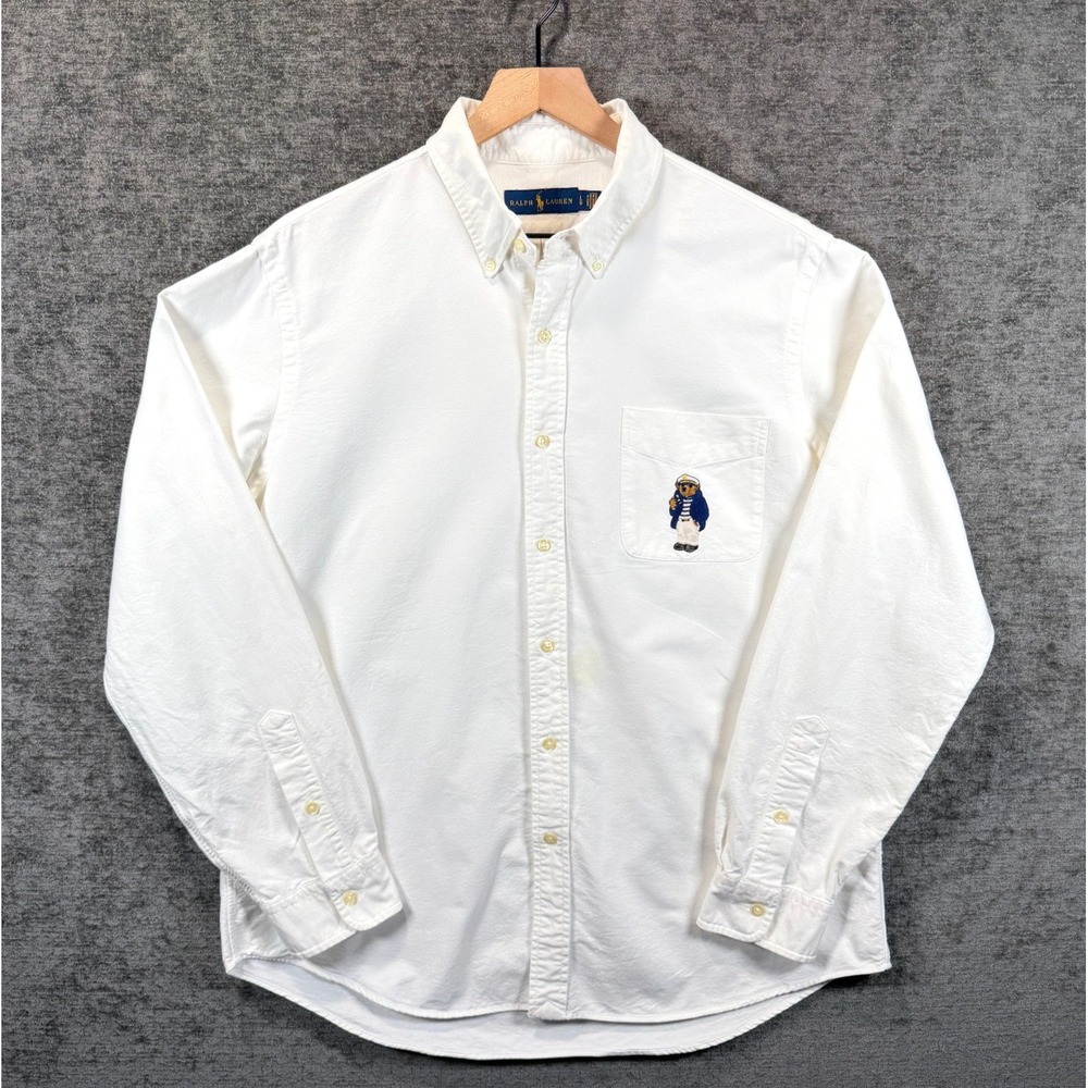 Ralph Lauren Polo Bear Oxford Shirt L Captain Nautical White Cotton Button Down